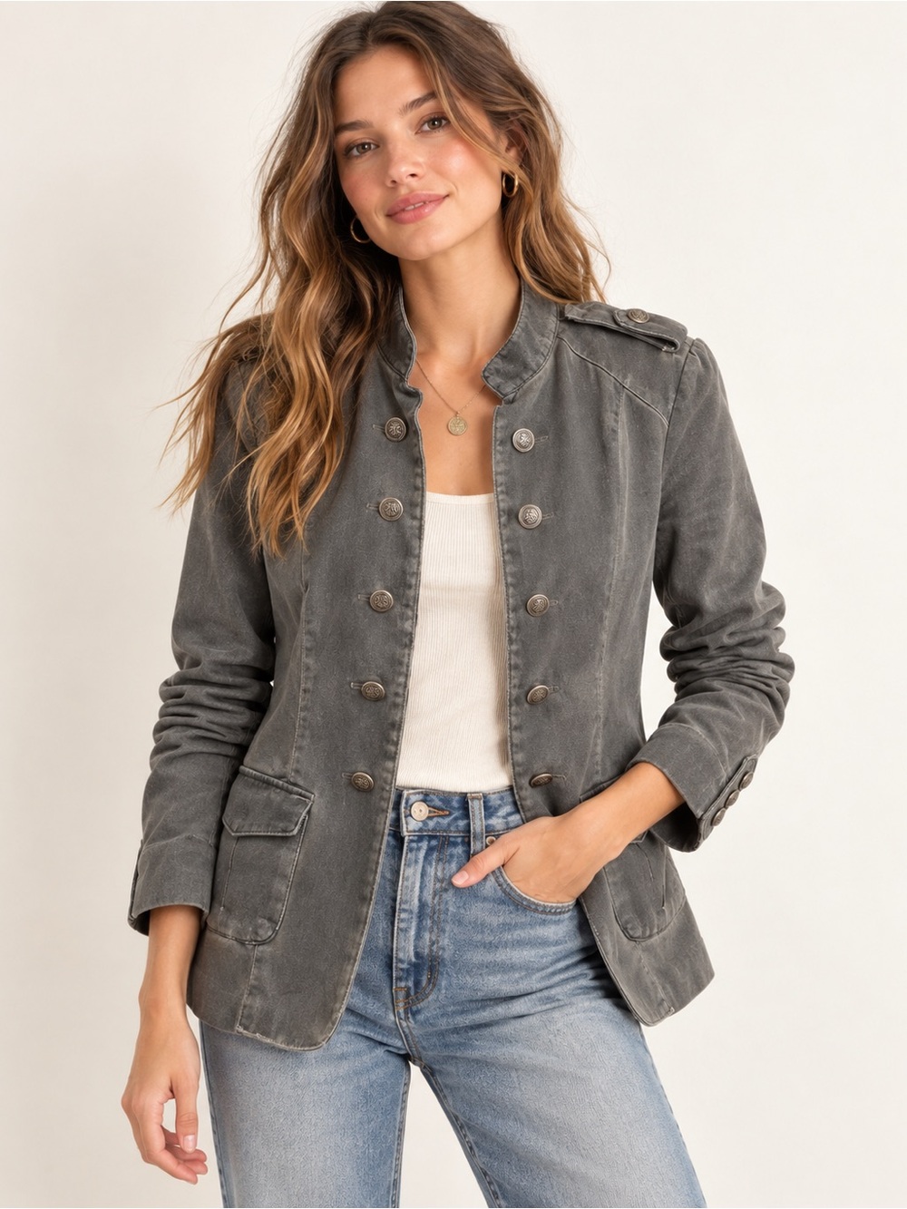 Rails Gray Washed Military Utility Blazer Jacket Size M